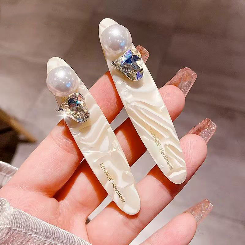 醋酸水钻珍珠发夹爱心高级感侧边刘海鸭嘴夹女后脑勺一字夹碎发夹