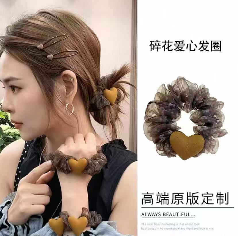 韩系欧根纱碎花黄色太阳花大肠发圈高弹力扎马尾头绳气质百搭发饰