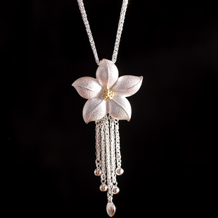 999.9足银花丝海棠花吊坠项链女款新中式国风锁骨链毛衣链