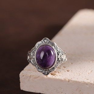 S925纯银镶嵌紫龙晶戒指开口指环复古古风文艺工厂手饰