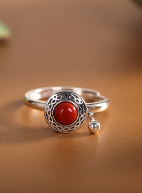 柏羽六字真言转经论戒指女纯银复古流苏指环925银精工开口戒