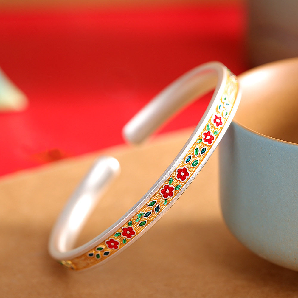 足银999.9描金珐琅桃花朵朵开口手镯女国风新中式纯银镯子,饰品/流行首饰/时尚饰品新,银饰手镯,淘宝优惠券,粉丝福利购,淘宝优惠卷