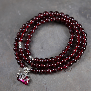 925纯银天然酒红石榴石多圈手链夏季三圈泰银配件小象女士弹力款