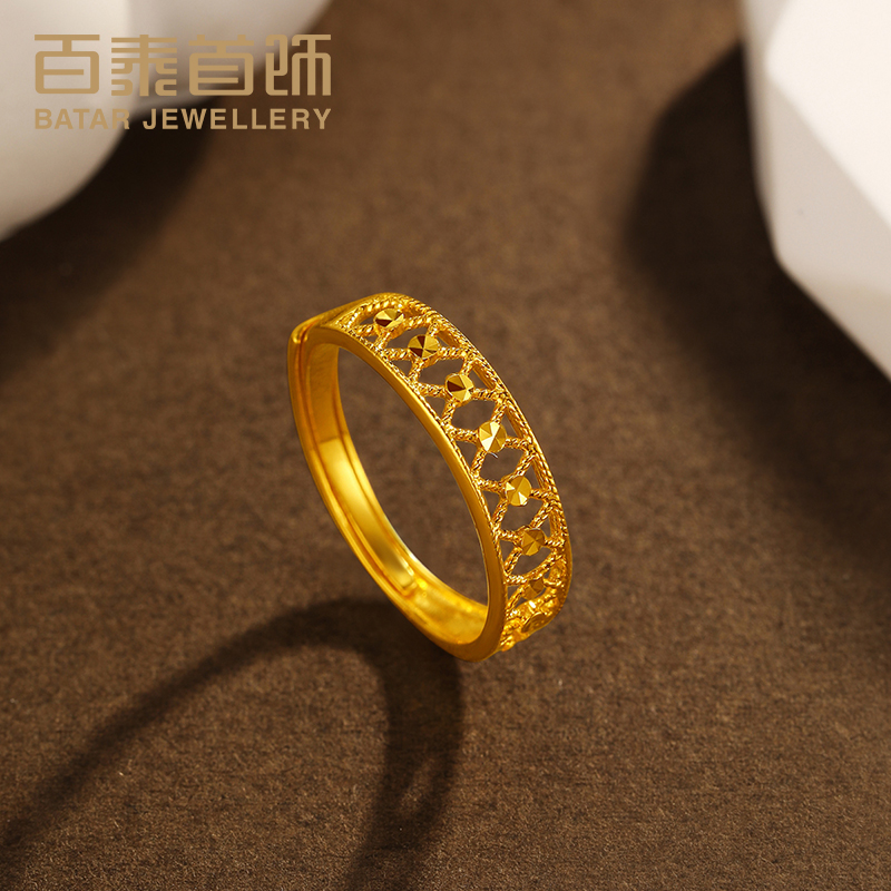 百泰首饰黄金戒指女足金女戒活口金指环订婚情侣对戒女款车花戒子