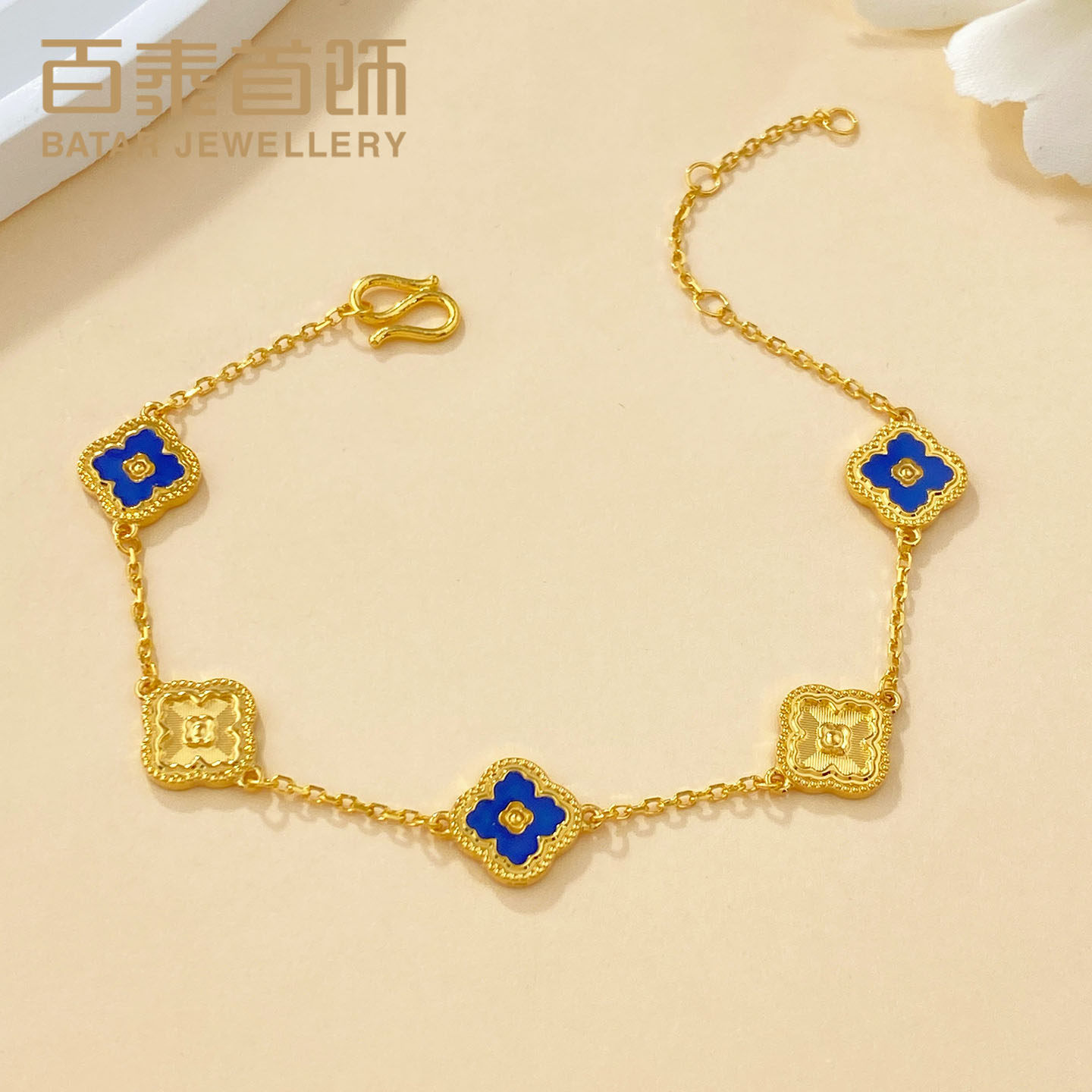 百泰首饰小确幸四叶草黄金手链足金999手串五花双面珐琅手环手饰