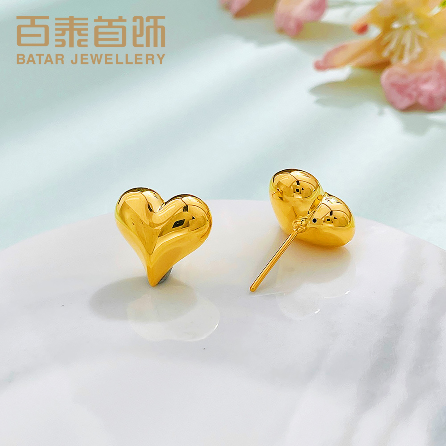 百泰首饰爱心黄金耳饰足金耳钉女金耳坠心形桃心光面耳环生日礼物