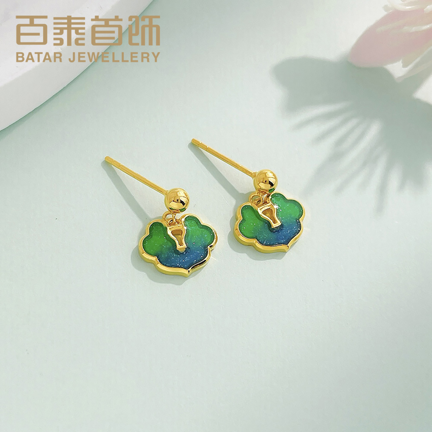 百泰黄金耳钉平安锁包耳饰足金999耳坠简约潮款珐琅耳环生日礼物