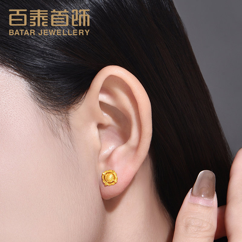 百泰罗盘黄金耳钉足金999耳饰养耳棒5G金耳坠圆形耳环时尚耳棍女