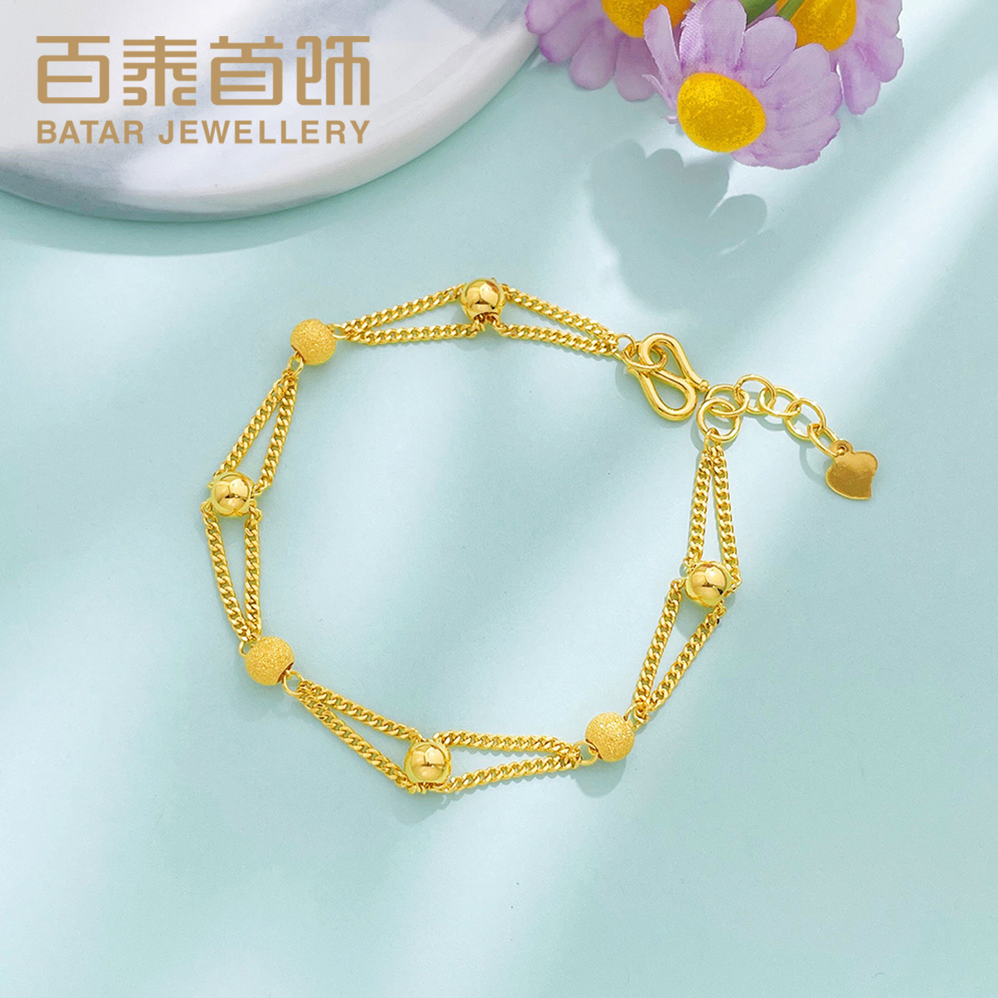 百泰磨砂光面转运圆珠黄金手链女足金999手串双层金珠手环女手饰