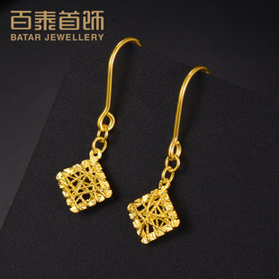 女友礼物女几何金耳钩 百泰方块黄金耳钉足金耳饰耳坠耳环气质长款