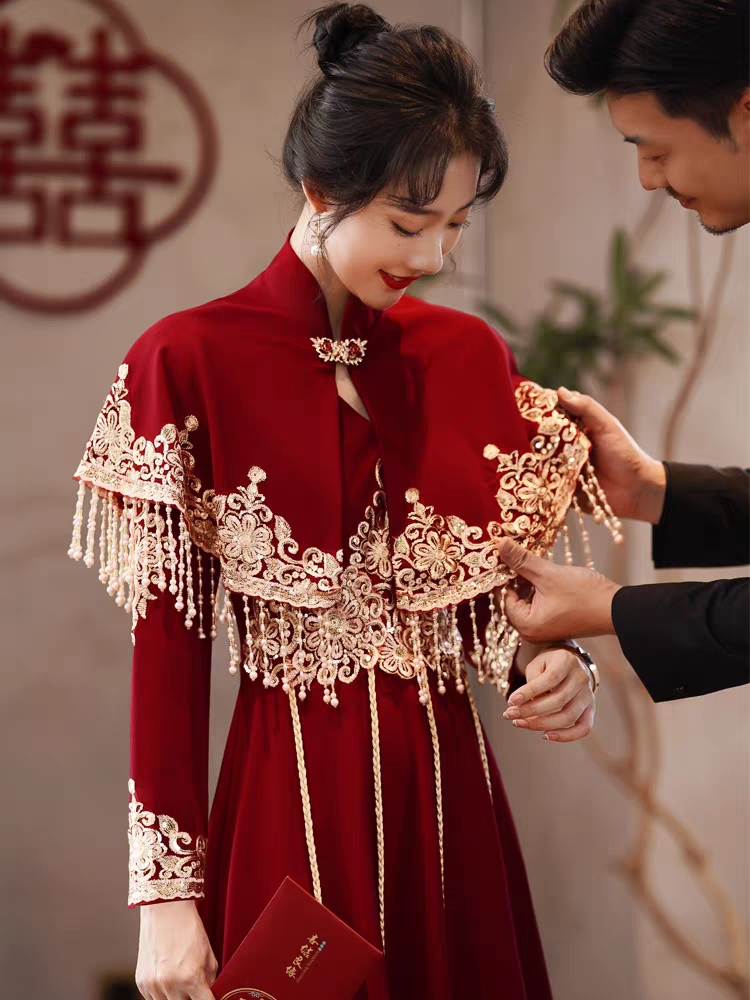 新娘敬酒服结婚晚礼服红色小个子