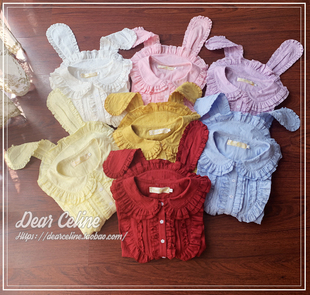 现货DearCeline我是兔兔呀夏季纯棉短袖提花刺绣兔耳朵衬衫洛丽塔