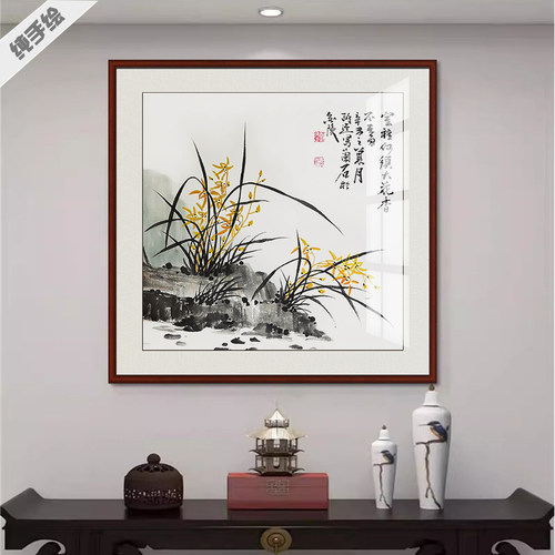 镜框装裱手工写意风兰石中国画
