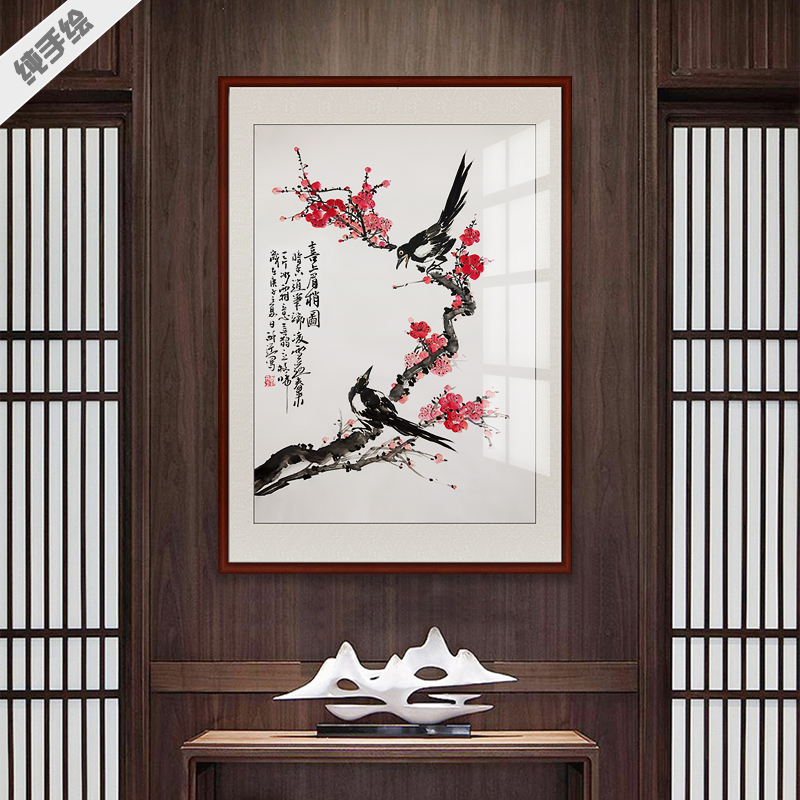 纯手绘国画客厅玄关专业书画水墨花鸟画八哥鹦鹉梅花喜鹊喜上眉梢