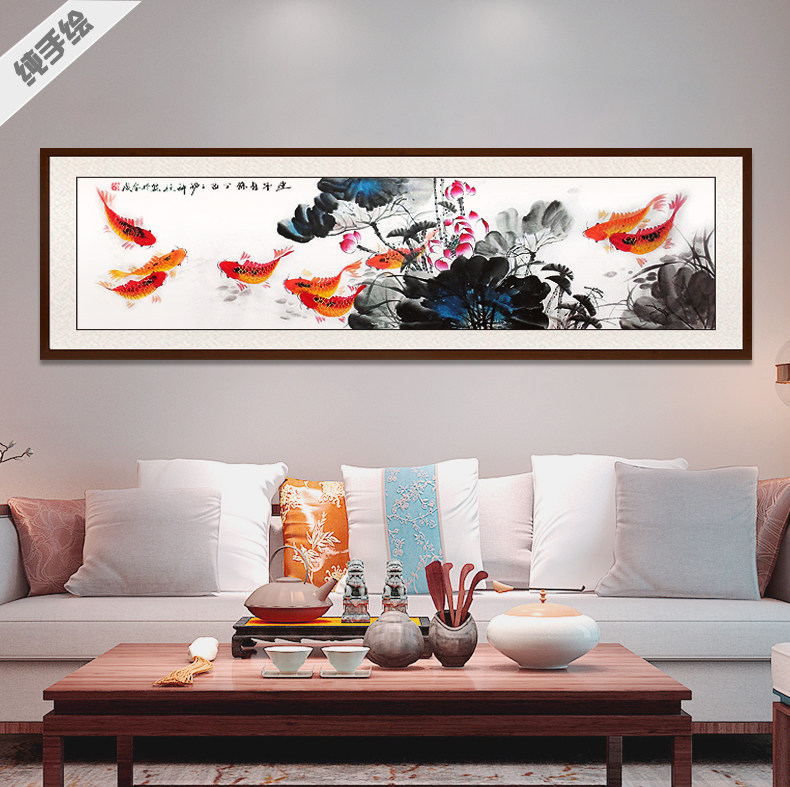手绘国画真迹字画客厅酒店挂画花鸟写意横幅鸿运当头莲花荷花九鱼