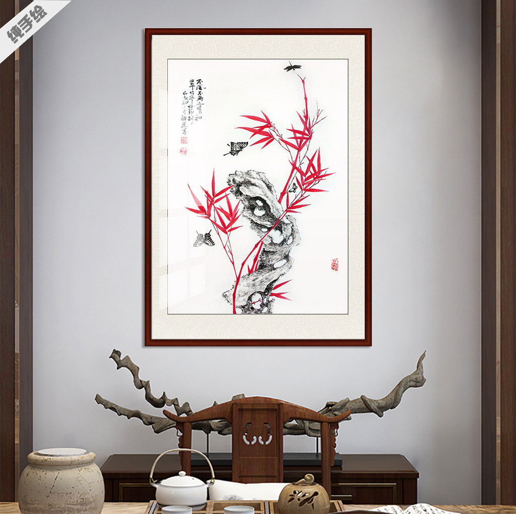 手绘国画客厅办公室挂画壁画竖幅中堂写意蝴蝶竹报平安朱竹竹石图