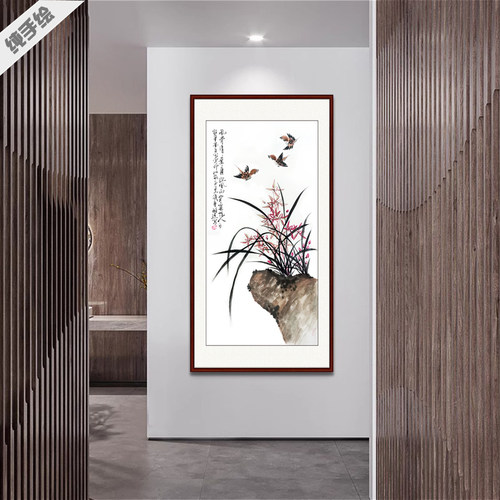 手工花鸟原稿竖幅中堂风兰石国画