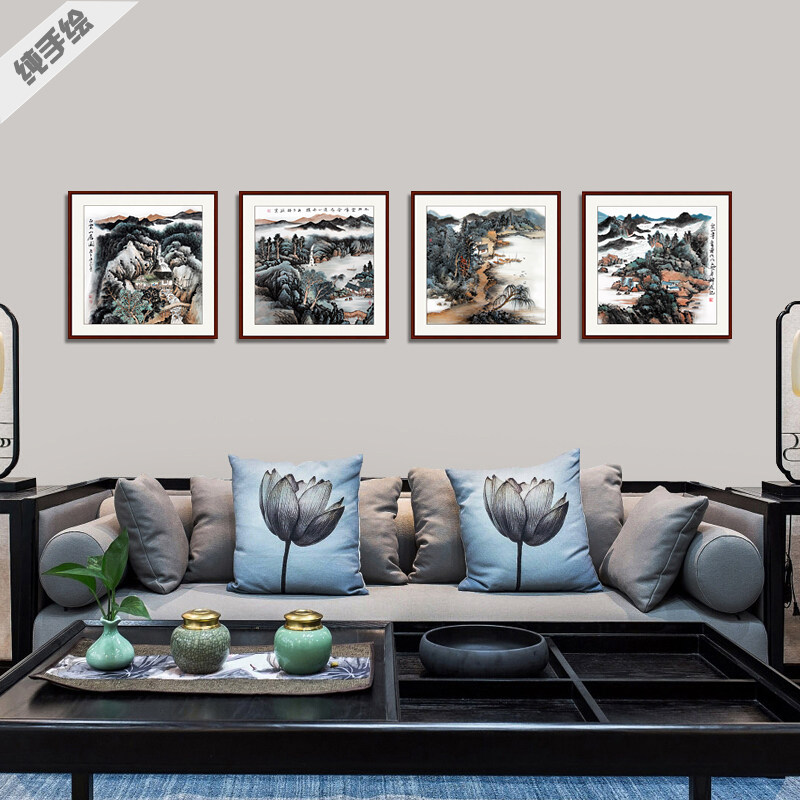 国画真迹客厅纯手绘三联画