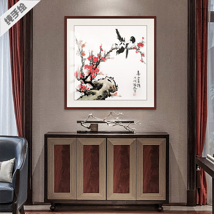 纯手绘专业国画玄关字画办公室酒店书房斗方型写意红梅绿梅腊梅花