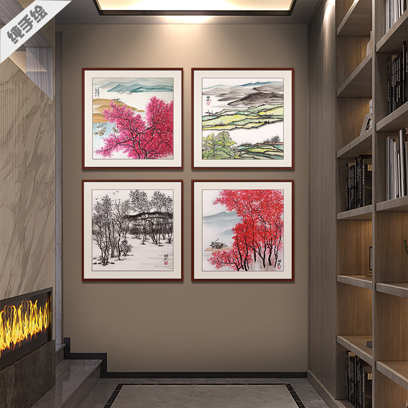 手绘国画山水画春夏秋冬四联画