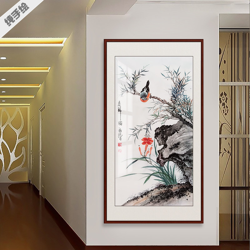 手绘花鸟国画玄关桃花萱草忘忧草