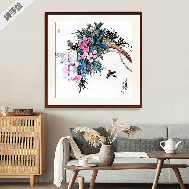 手绘国画水墨写意芙蓉麻雀宣纸