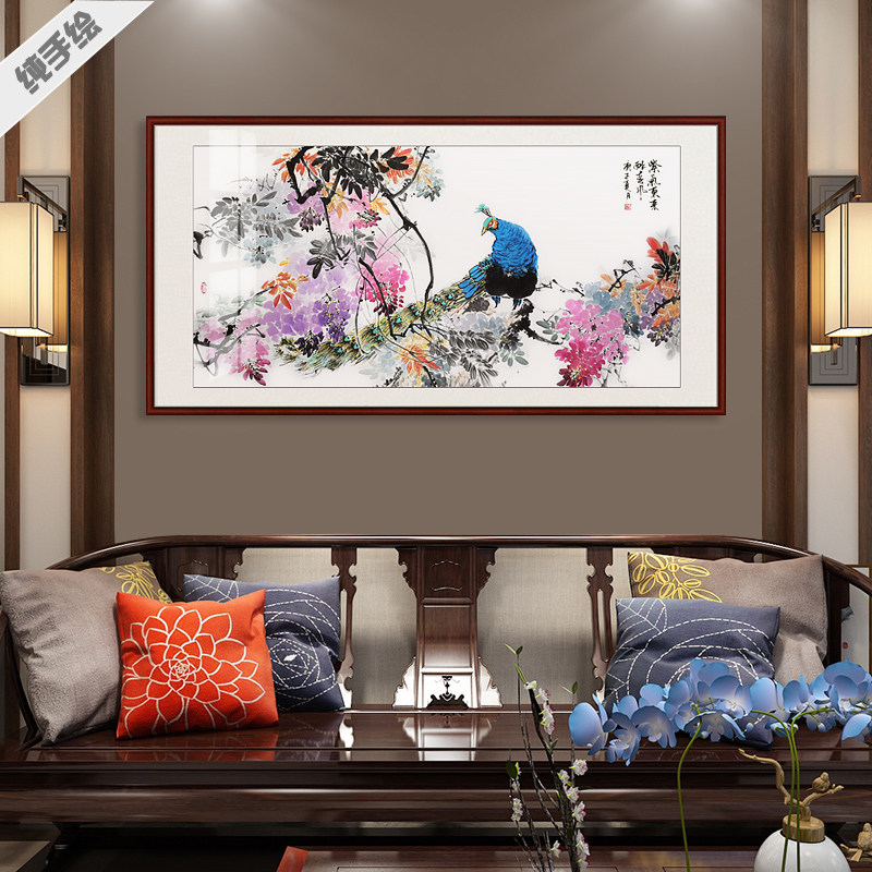 手绘国画字画客厅酒店花鸟写意喜上眉梢喜鹊登梅紫藤孔雀芭蕉锦鸡