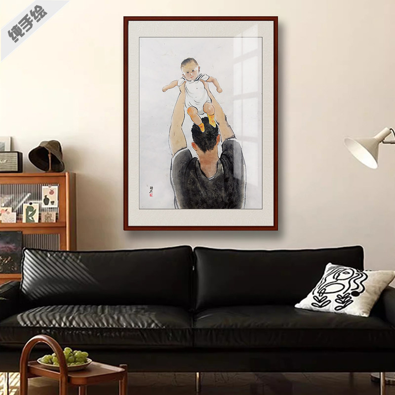 纯手绘手工专业国画真迹字画书画装饰画小品画现代人物画父与子