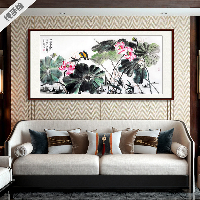 纯手绘横幅国画客厅办公室挂画壁画装饰画莲花鸟水鸭写意水墨荷花