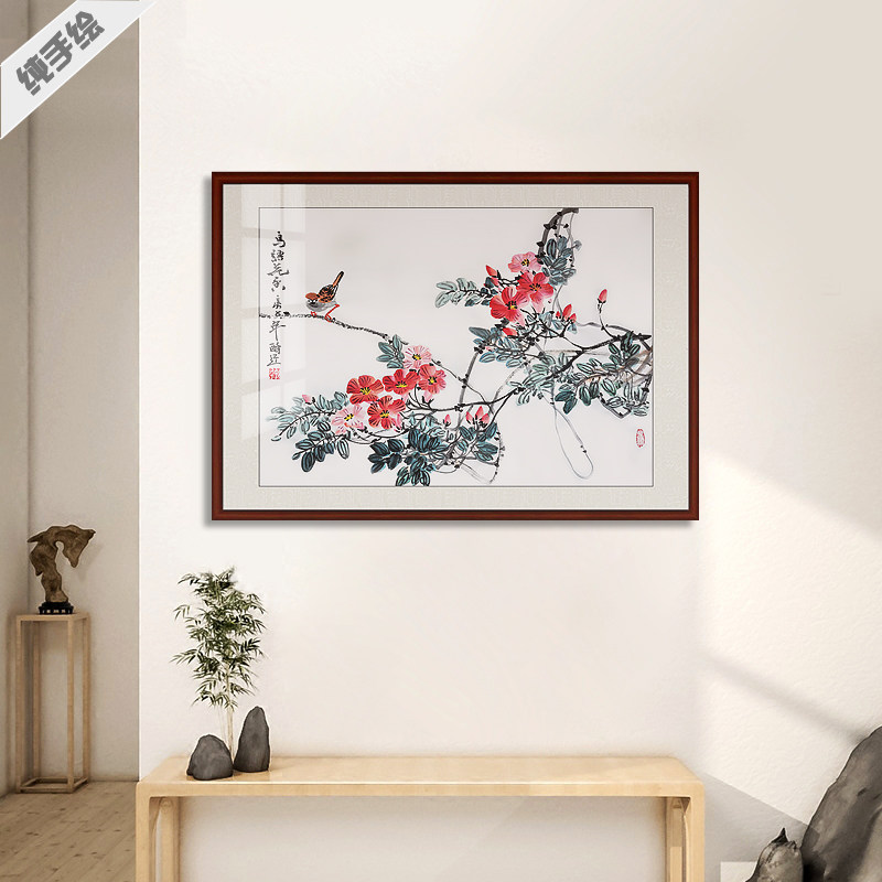 纯手工手绘毛笔画新中式花鸟国画挂画客厅装饰画手绘横幅画凌霄花