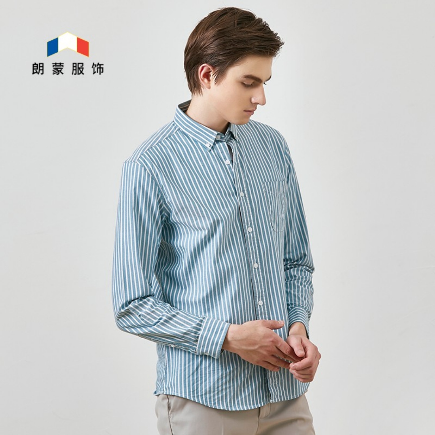 朗蒙春秋新款牛津纺条纹潮流衬衫