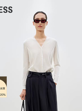 LESS春V领开襟优雅知性毛衫时尚舒适含羊绒拼接针织衫女2P3314170