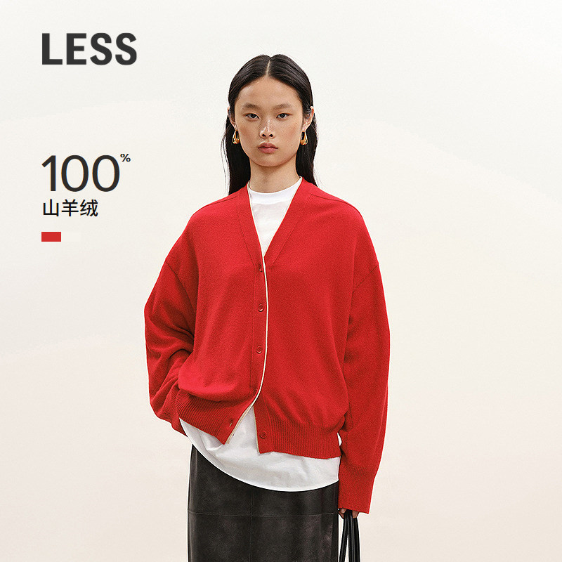 【商场同款/0压系列】LESS2026春新款红色V领开襟羊绒衫2