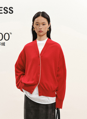 【商场同款/0压系列】LESS2026春新款红色V领开襟羊绒衫2Q1316890