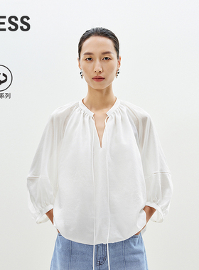 LESS夏环保莱赛尔宽松A型插肩袖套头七分袖休闲衬衫女2P6212180