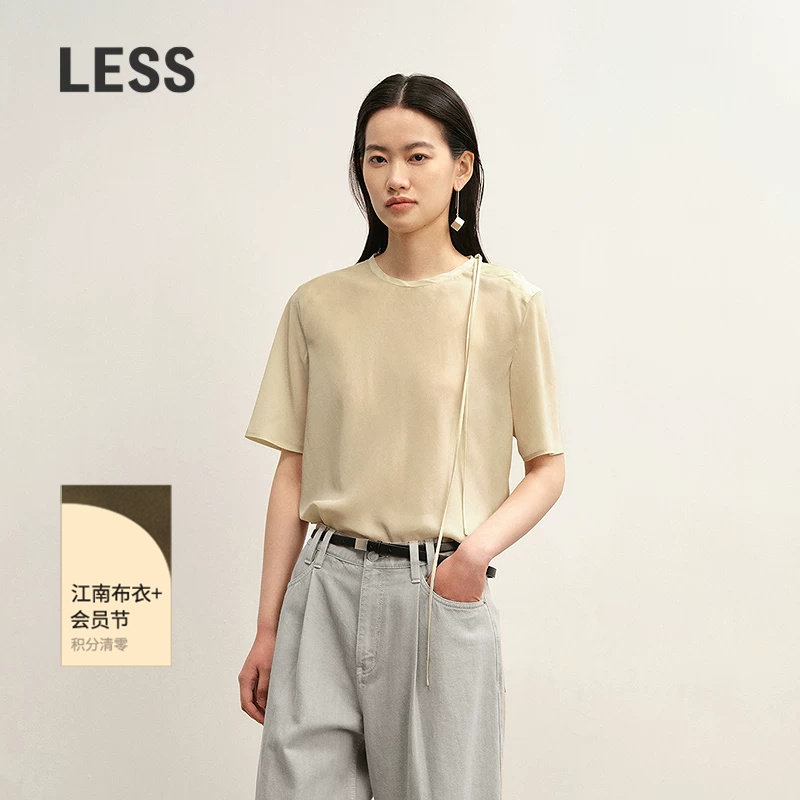 LESS秋休闲通勤桑蚕丝垂感系带短袖套头上衣女2P7215720