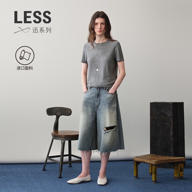 LESS休闲破洞七分牛仔裤图片