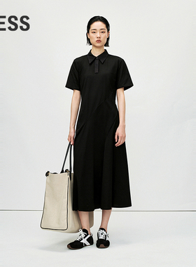 LESS夏通勤简约休闲舒适运动风黑色衬衫领短袖连衣裙子2P5G12040