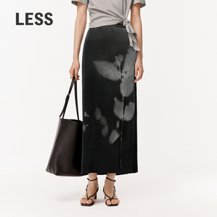 LESS夏季 气质设计感压褶印花中长款 半身裙2O5D11450 精工系列
