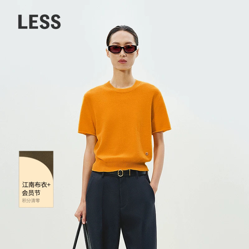 LESS春圆领休闲舒适针织短袖套头T恤简约软糯羊绒衫女2P131
