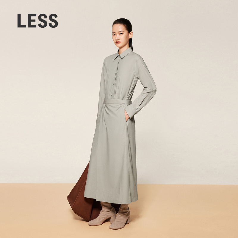 LESS春秋衬衫领连衣裙女棉质假两件气质通勤长袖裙子2O8G14700