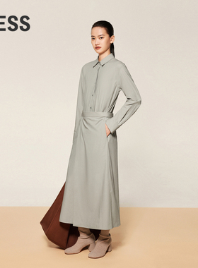 LESS春秋衬衫领连衣裙女棉质假两件气质通勤长袖裙子2O8G14700