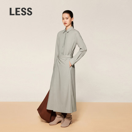 LESS春秋衬衫领连衣裙女棉质假两件气质通勤长袖裙子2O8G14700
