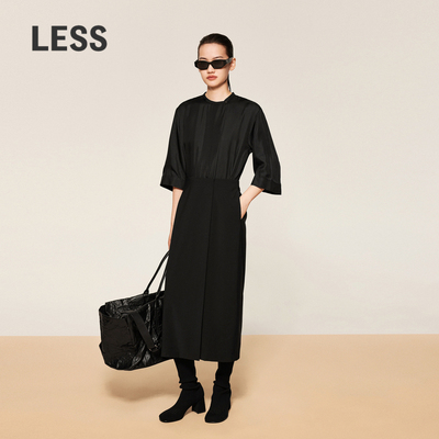 LESS春秋拼接连衣裙女黑色通勤简约气质收腰中袖裙子2O8G1475H