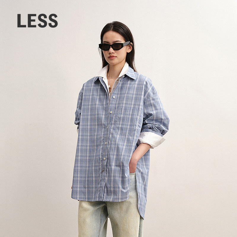 LESS通勤慵懒风翻领格纹衬衫图片