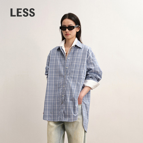LESS通勤慵懒风翻领格纹衬衫