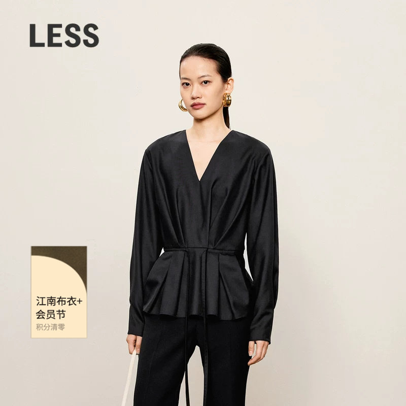 LESS春秋丝羊毛精纺衬衣女V领收腰打褶通勤长袖短款衬衫2O72