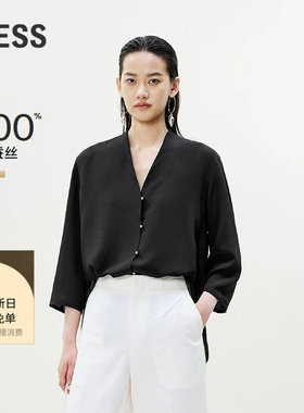 LESS夏季V领七分袖桑蚕真丝衬衣