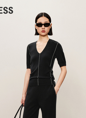 LESS春秋羊毛短袖针织衫女v领薄款修身套头上衣含桑蚕丝2O8312350