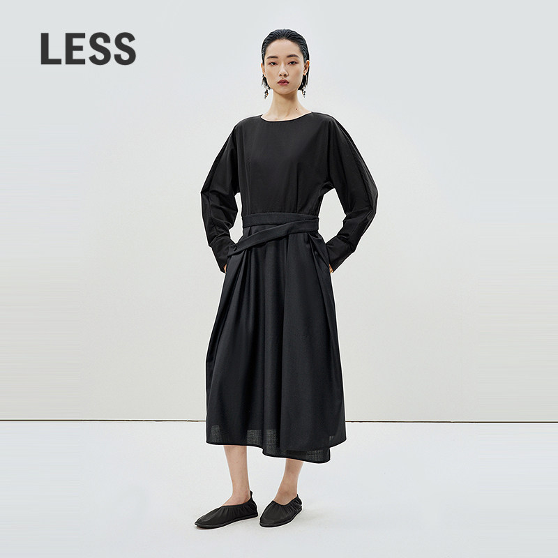 LESS休闲气质拼接黑色长款连衣裙
